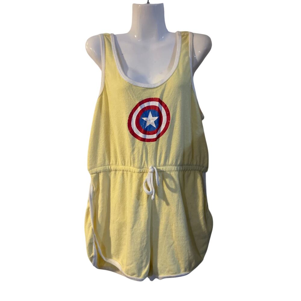 Marvel Graphic Captain America Yellow Terrycloth Romper Shorts SZ XL NWT Jumper